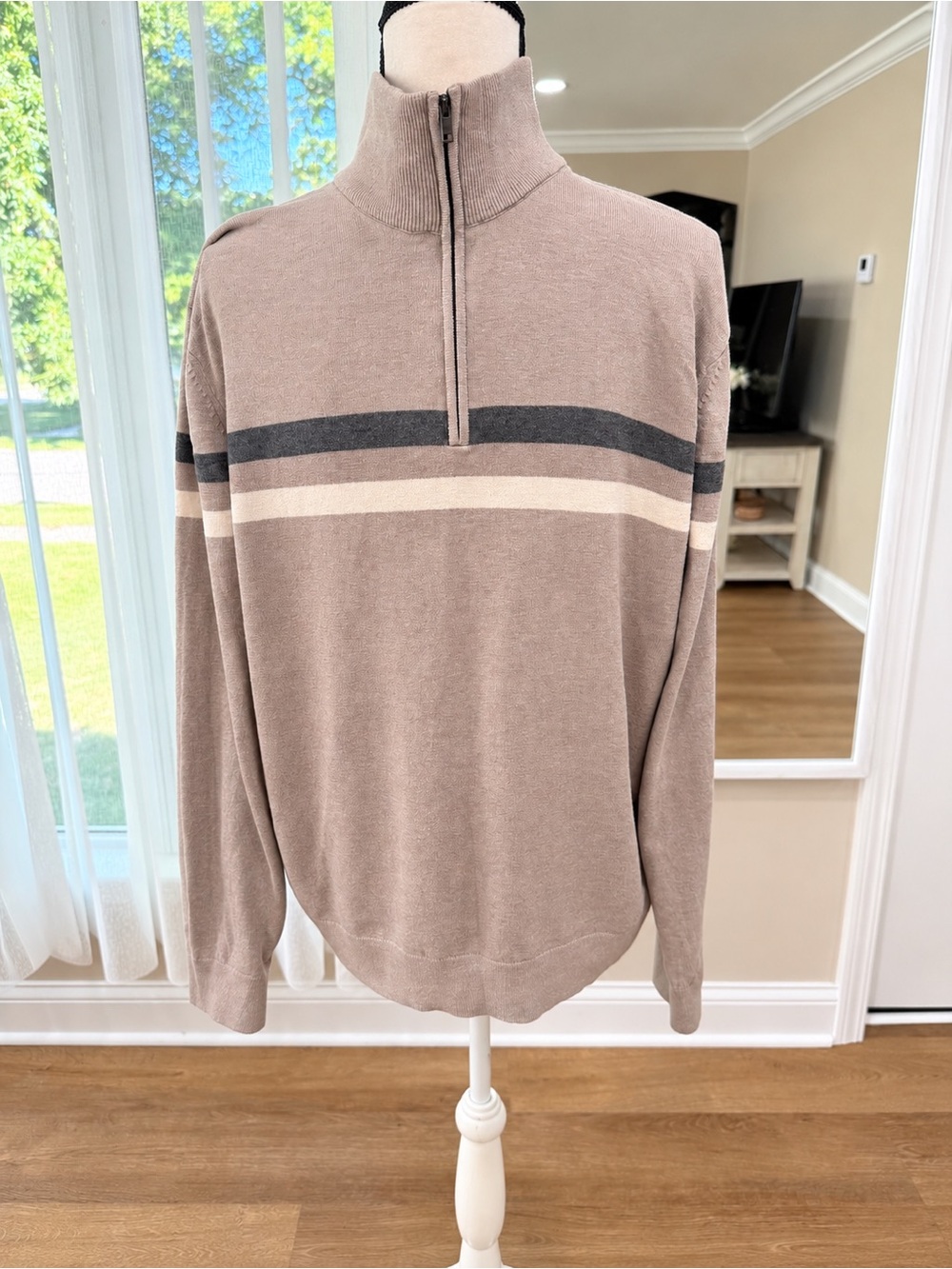 Men’s Banana Republic XL Taupe Quarter Zip Sweater Striped Mock Neck